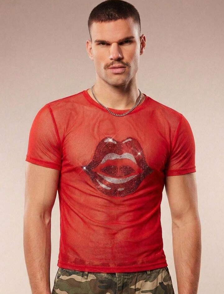 Men's Rhinestone Lip Print Round Neck Short Sleeve T-Shirt